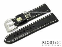 Uhrarmband Modena 24mm schwarz RIOS e. Alligator für Panerai weiße Naht (Schließenanstoß 22 mm)