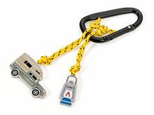 Schl&uuml;sselanh&auml;nger/Taschenanh&auml;nger CAMPING schwarz/gelb mit Camper Petroleumlampe und Karabiner