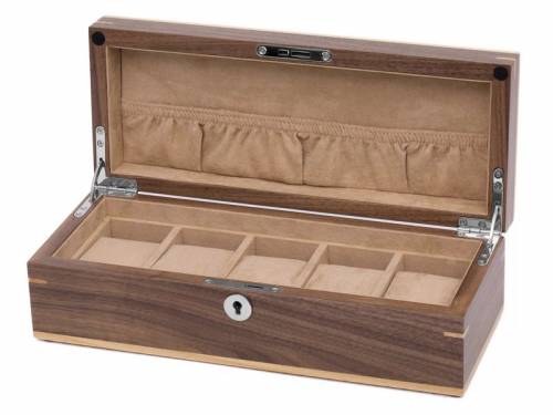 Uhrenbox Wallnuss dunkelbraun/hellbraun matt f�r bis zu 5 Armbanduhren - Bild vergr��ern 