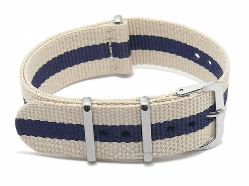 Preistipp: Uhrenarmband 18mm beige Nylon blauer Streifen zweilagiges Durchzugsband im NATO-Style - Bild vergr��ern 