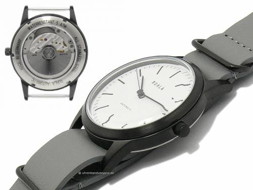1 Automatik-Armbanduhr RUHLA + 2er-Set Uhrenarmbnder NATO BLACK DUO Leder Ziffernblatt wei  (*GD*AU*) - Bild vergrern 