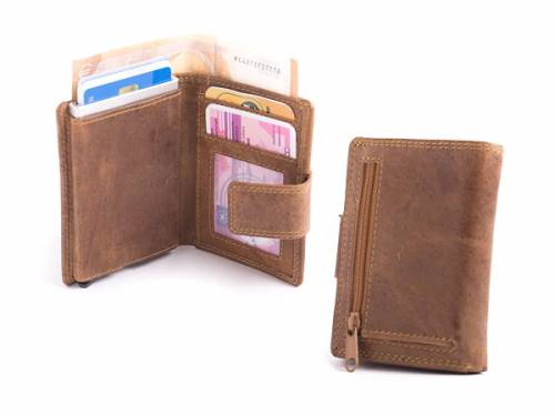 Mini-Geldb�rse/Kartenetui mit M�nzfach aus Leder braun Vintage-Look Aluminium-Kartenh�lle mit RFID Schutz von FIGURETTA - Bild vergr��ern 