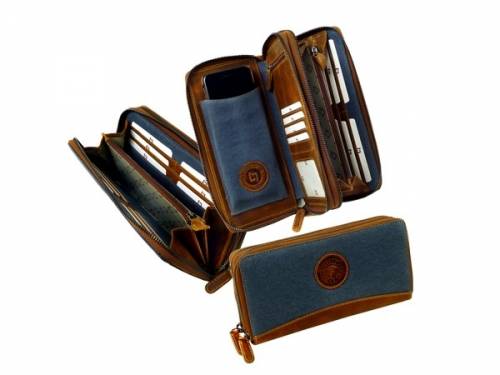Langb�rse 2tlg Sailcloth Rindleder/Canvas hellbraun/jeansblau mit Rei�verschlu� von LandLeder - Bild vergr��ern 