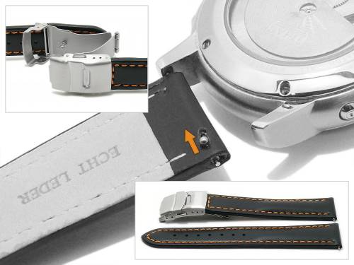 Meyhofer EASY-CLICK Uhrenarmband -Paonia Special- 18mm schwarz Leder orange Naht Faltschlie�e (Schlie�enansto� 18 mm) - Bild vergr��ern 