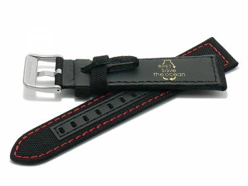 Uhrenarmband -Tacna- 20mm schwarz recyceltes Polyester/vegan textilartig rote Naht (Schlie�enansto� 18 mm) - Bild vergr��ern 