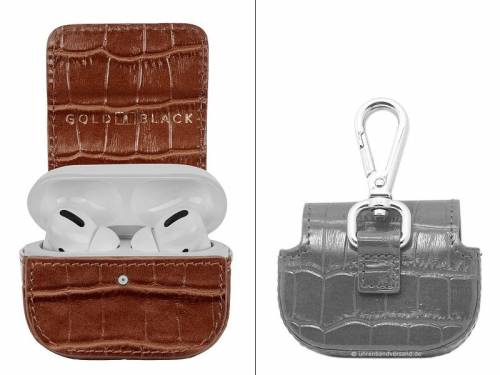 Exklusives Mehrzwecketui/Leder-Etui f�r AIRPODS PRO & mehr mittelbraun handgearbeitet Alligator-Pr�gung GOLDBLACK  - Bild vergr��ern 