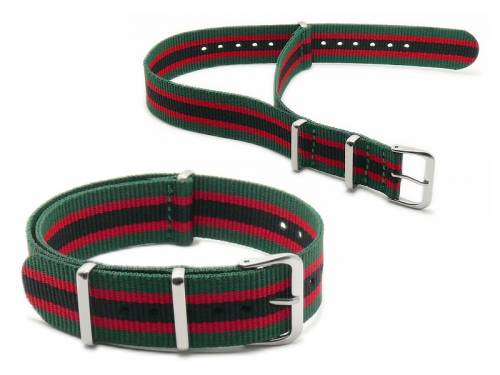 Uhrenarmband -Newark- 18mm gr�n Streifen rot/schwarz Textil (Nylon) Durchzugsband im NATO-Style - Bild vergr��ern 