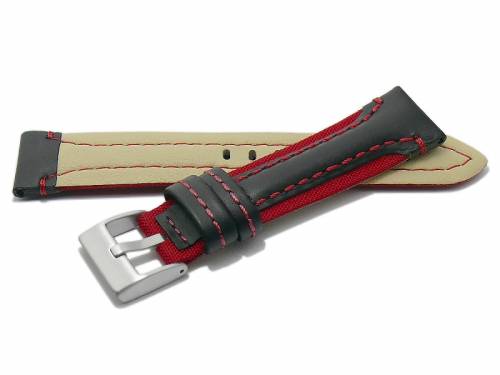 Uhrenarmband -Barletta- 20mm schwarz/rot Leder/Cordura Naht rot Unterseite Lorica (Schlie�enansto� 18 mm) - Bild vergr��ern 