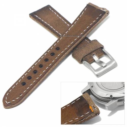 Uhrenarmband XS 22mm mittelbraun Canvas helle Naht Vintage-Look mit EASY-CLICK (Schlieenansto 18 mm) - Bild vergrern 