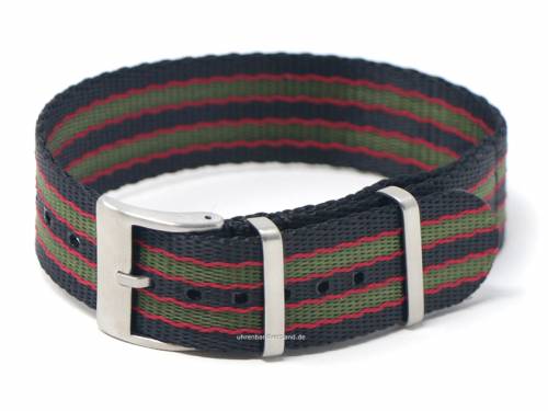 Uhrenarmband 21mm schwarz Nylon (Seatbelt) rote & gr�ne Streifen einlagiges Durchzugsband im NATO-Style - Bild vergr��ern 