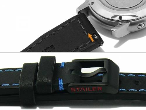 Uhrband -Aviator New Pad- 20mm schwarz Leder Lederunterlage blaue Naht mit EASY-CLICK von STAILER (Schlie�e 16 mm) - Bild vergr��ern 