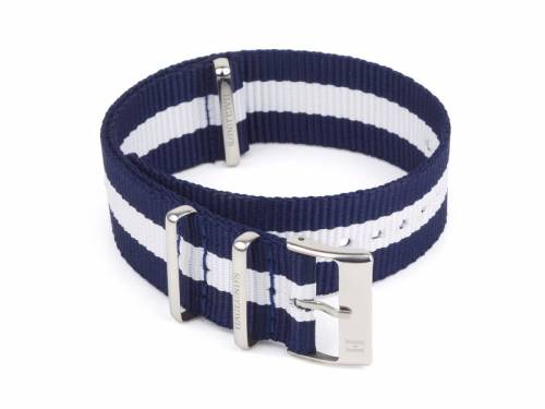 Uhrenarmband -Trelleborg- 22mm blau Nylon/Textil mit wei�em Streifen NATO-Style Durchzugsband von HAGLUND - Bild vergr��ern 