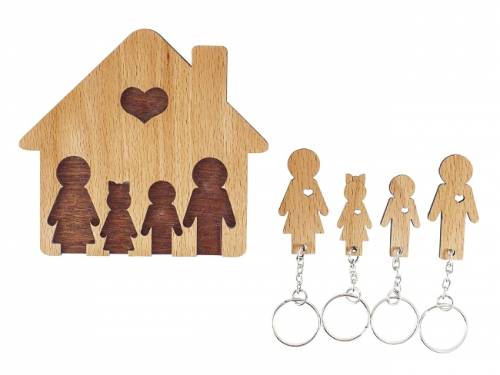 Schl�sselbrett mit 4 Schl�sselanh�ngern - Familie mit Tochter & Sohn aus Holz - Bild vergr��ern 