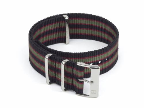 ABVERKAUF: Uhrband -Varberg- 24mm schwarz Nylon/Textil mit roten + gr�nen Streifen NATO-Style Durchzugsband von HAGLUND - Bild vergr��ern 