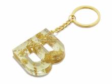 Schlüsselanhänger/Taschenanhänger Großbuchstabe B Epoxidharz transparent goldfarbene Zierflocken incl. Schlüsselring