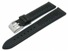 Uhrenarmband Batesville 22mm schwarz Leder Racing-Look blaue Naht Unterseite Lorica (Schließenanstoß 20 mm)