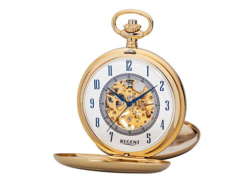 Mechanische Taschenuhr goldfarben Ziffernblatt wei� mit Sprungdeckel von REGENT (*RG*TU*)